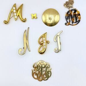 Lot of 8 Vintage Monogram Initals Jewelry Necklace Scarf Clip Brooches M N J